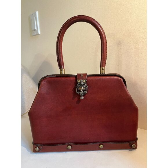 VIntage Etienne Aigner Leather Frame Bag Studded Red Cognac 1960s - Picture 2 of 12